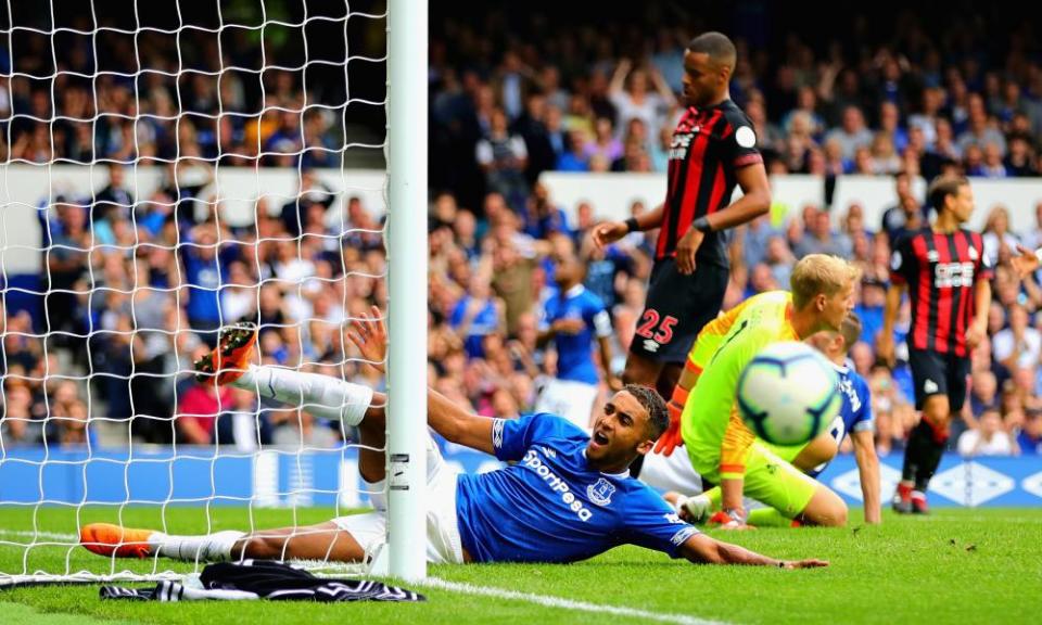 Dominic Calvert-Lewin misses a chance against Huddersfield – although the forward did get on the scoresheet for Everton.