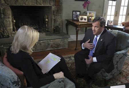 ABC News anchor Diane Sawyer speaks with New Jersey Governor Chris Christie during an exclusive interview for "ABC World News with Diane Sawyer" at his home in Mendham, New Jersey in this March 27, 2014 picture provided by ABC. REUTERS/Ida Mae Astute