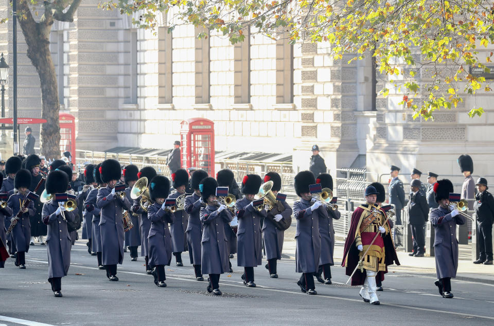 LONDON, ENGLAND - NOVEMBER 08: A military band during the National Service of Remembrance at The Cenotaph on November 08, 2020 in London, England. Remembrance Sunday services are still able to go ahead despite the covid-19 measures in place across the various nations of the UK. Each country has issued guidelines to ensure the safety of those taking part. (Photo by Chris Jackson - WPA Pool/Getty Images)