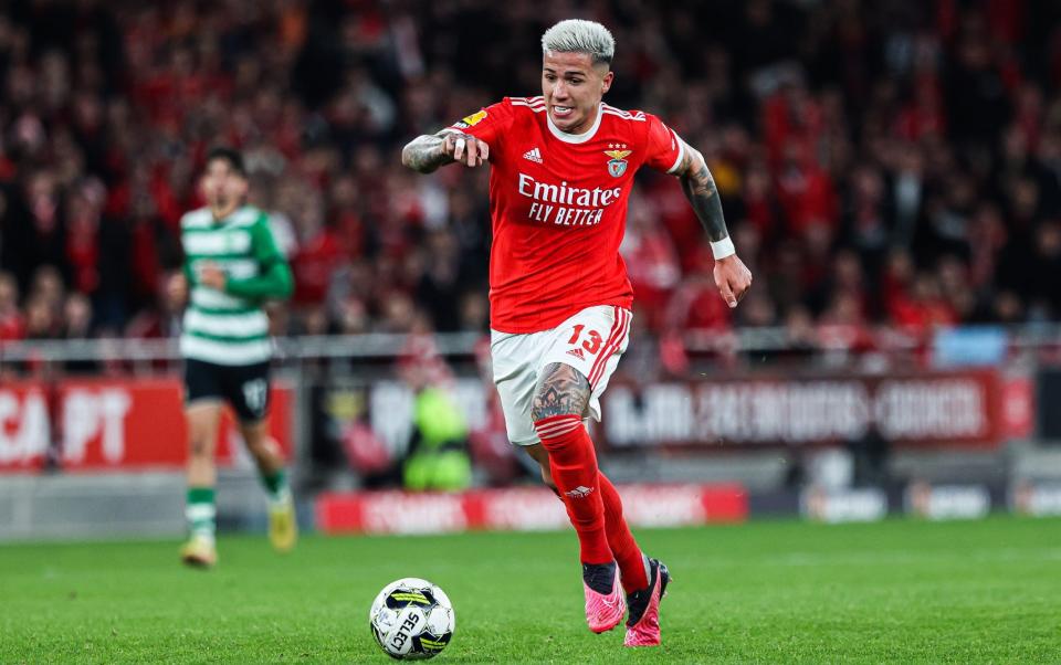 Enzo Fernandez of SL Benfica in action during the Liga Portugal Bwin match between SL - Enzo Fernandez caps a remarkable rise to global hero - Sopa Images/Getty Images
