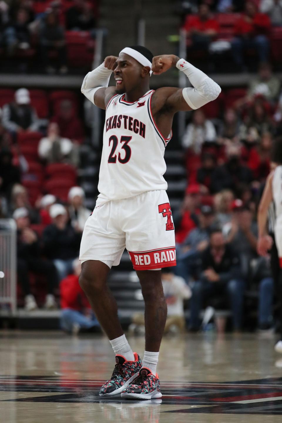Texas Tech guard De’Vion Harmon (23) reacts in the second half a nonconference game Wednesday against the Houston Christian Huskies at United Supermarkets Arena. Harmon finished with 22 points and a career-best nine assists. [Michael C. Johnson-USA TODAY Sports]