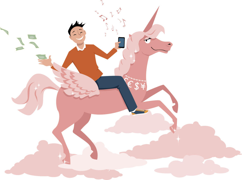 Drawing of a man riding a unicorn