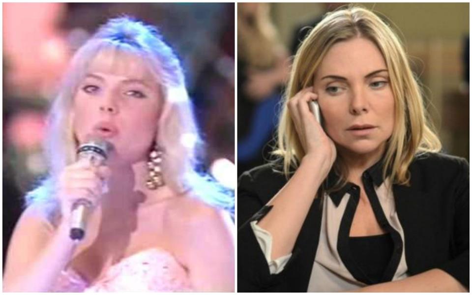 Samantha Janus in Eurovision (left) and as Ronnie Mitchell in EastEnders