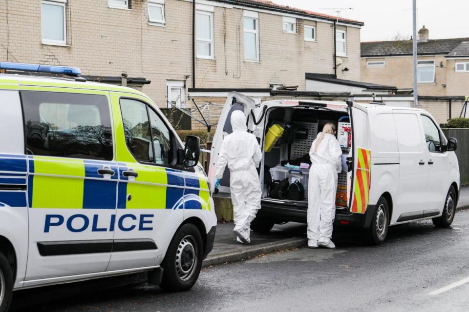 Forensic officers on the scene in Ashfield, Newton Aycliffe, on Sunday <i>(Image: Stuart Boulton)</i>