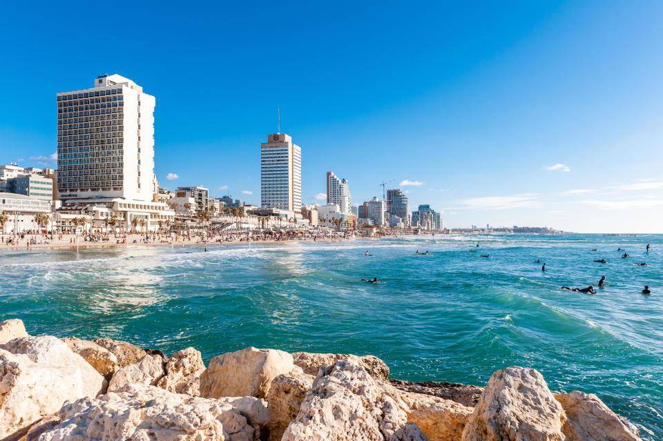 Israel, Tel Aviv - 10 March 2018: Skyline of Tel Aviv at the beach seen from the Marina / Credit: Michael Jacobs/Art in All of Us/Corbis via Getty Images
