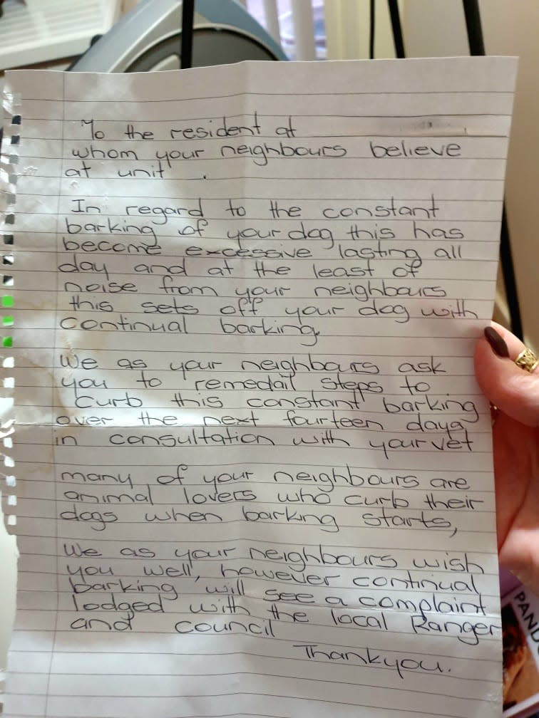 The note was left anonymously for the woman asking her to stop her dog from barking.  Source: Facebook
