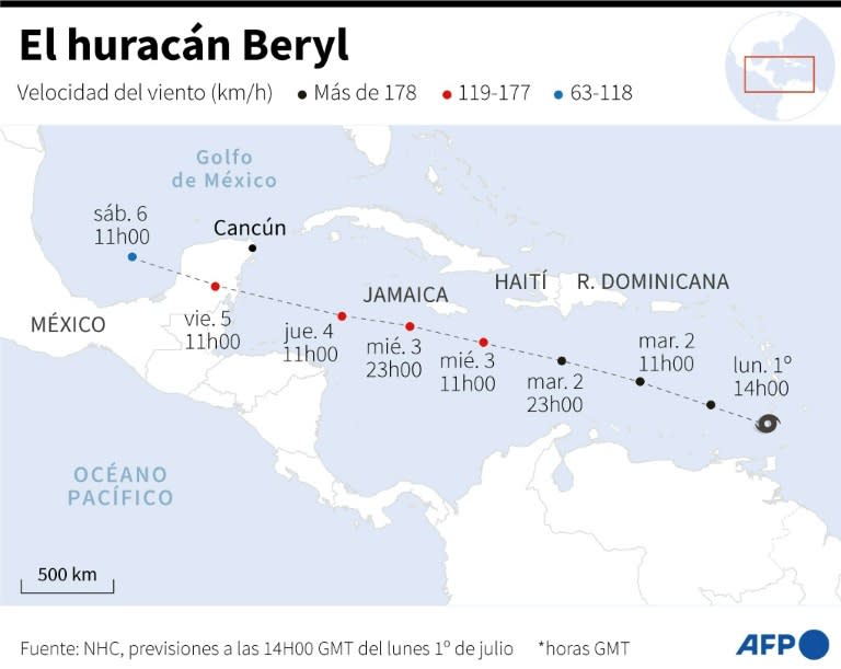 Mapa con la trayectoria prevista del huracán Beryl, según el Centro Nacional de Huracanes (NHC, por sus siglas en inglés) de Estados Unidos a las 14H00 GMT del 1º de julio (Gabriela VAZ)