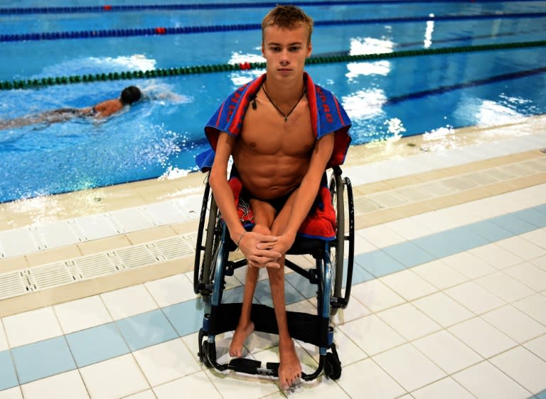 Paralympic swimmer Alexander Makarov, member of Russia's Paralympic national team, poses after a training session in the town of Ruza, 100 km west of Moscow, on August 18, 2016