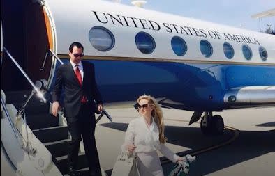 Steve Mnuchin&rsquo;s travel habits&nbsp;<a href="https://www.washingtonpost.com/business/economy/treasury-inspector-general-to-review-mnuchin-flight-to-ft-knox/2017/08/31/d9e122d4-8eb2-11e7-91d5-ab4e4bb76a3a_story.html?utm_term=.61cc6d5d32fc" target="_blank">came under official scrutiny</a>&nbsp;in August after his wife, Louise Linton, posted a photograph to Instagram highlighting the luxury designers she was wearing as the couple descended from a government plane they took to Kentucky.&nbsp; (Photo: Louise Linton Instagram)