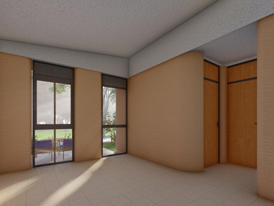 A rendering of an empty room inside 14Trees' 3D printed home