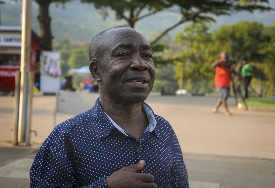 In this photo taken Thursday, June 13, 2019, Pedson Buthalha, the administrator of the hospital where the first cross-border Ebola victim was isolated, speaks to The Associated Press in the town of Bwera, near the border with Congo, in western Uganda. Medical workers leading Uganda's effort against the Ebola outbreak are already alleging limited support from the government in the days since the country's first cases of the deadly virus were confirmed. (AP Photo/Ronald Kabuubi)