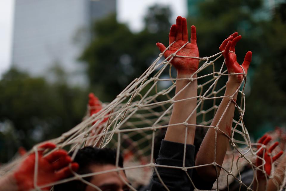 Protesters walk under a giant net and with their hands painted red during a massive march in Mexico City, on Nov. 20, 2014. Protesters marched in the capital city to demand authorities find 43 missing college students. (AP Photo/Dario Lopez-Mills)
