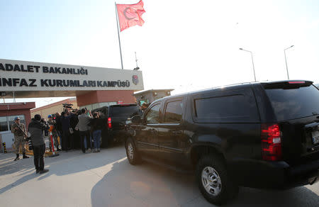 A car carrying Norine Brunson, wife of U.S. pastor Andrew Brunson, arrives at the Aliaga Prison and Courthouse complex in Izmir, Turkey October 12, 2018. REUTERS/Umit Bektas