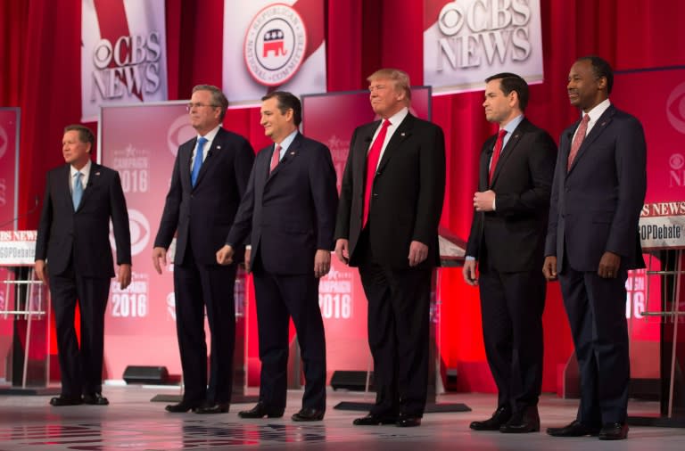 Republican presidential candidates (L-R) John Kasich, Jeb Bush, Ted Cruz, Donald Trump, Marco Rubio, and Ben Carson arrive for the debate in Greenville, South Carolina on February 13, 2016