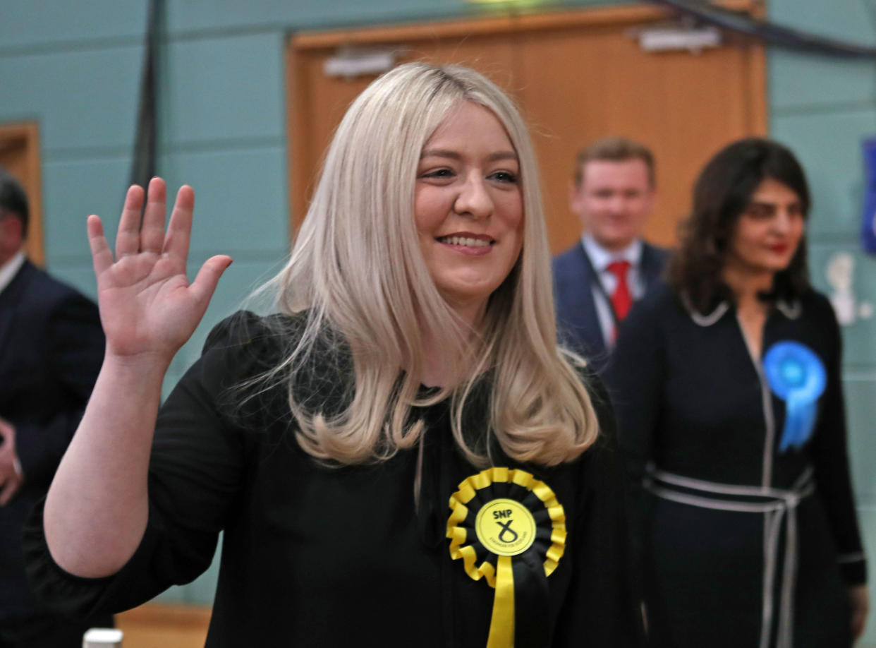 SNP candidate Amy Callaghan reacts at the Leisuredome, Bishopbriggs, after winning the East Dumbartonshire seat from Lib Dem Jo Swinson in the 2019 General Election. (Photo by Jane Barlow/PA Images via Getty Images)