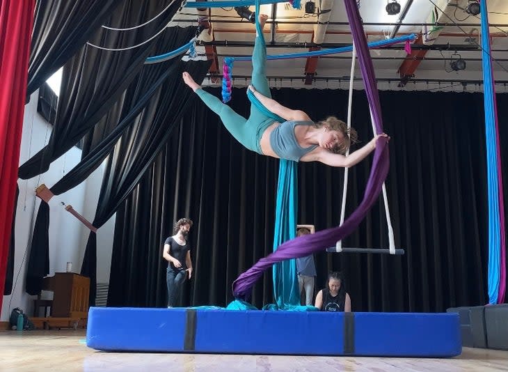 <span class="article__caption">Corey quit climbing and tried many things, even aerial silks.</span>