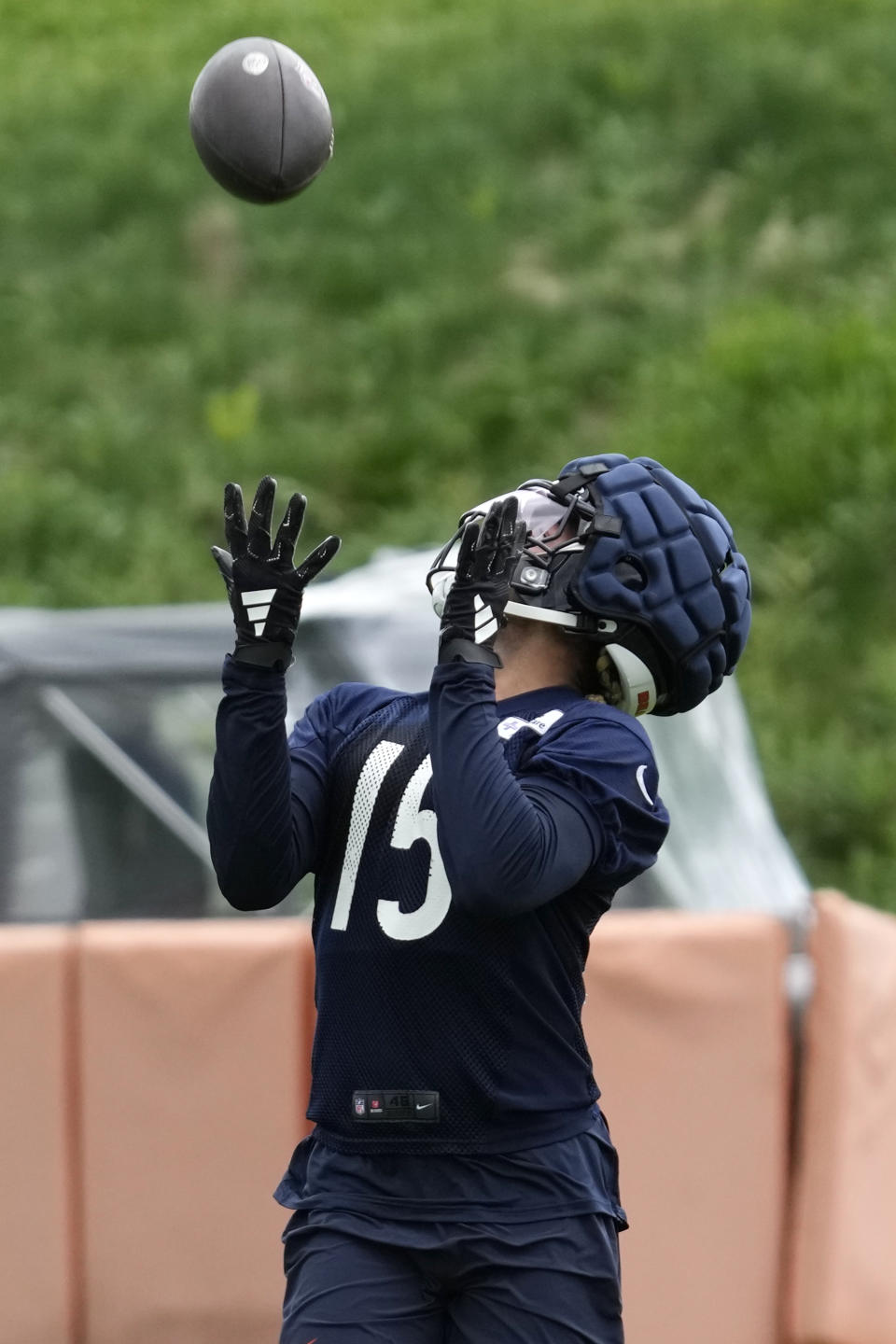 Chicago Bears wide receiver Rome Odunze catches a ball during the NFL football team's rookie camp at Halas Hall in Lake Forest, Ill., Friday, May 10, 2024. (AP Photo/Nam Y. Huh)