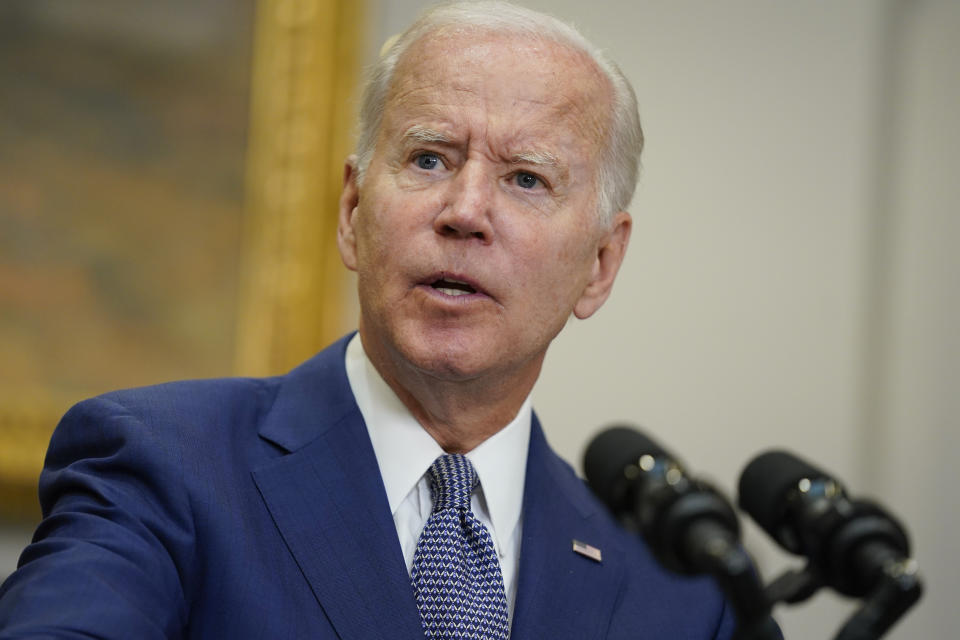 FILE - President Joe Biden speaks about abortion access during an event in the Roosevelt Room of the White House, July 8, 2022, in Washington. Since the Supreme Court last month nullified the 1973 landmark Roe v. Wade ruling, the White House has come under considerable pressure to try and maintain access to abortion in conservative states that are set to outlaw the procedure. (AP Photo/Evan Vucci, File)