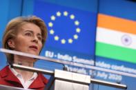 European Commission President Ursula von der Leyen speaks during a news conference after a virtual summit with Indian Prime Minister Narendra Modi, in Brussels