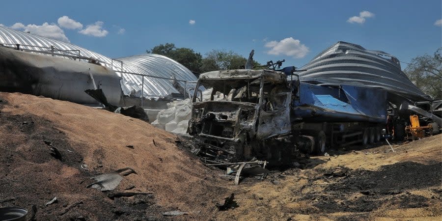 A grain warehouse in Pavlivka, Odesa Oblast, destroyed by a Russian missile attack, July 2023