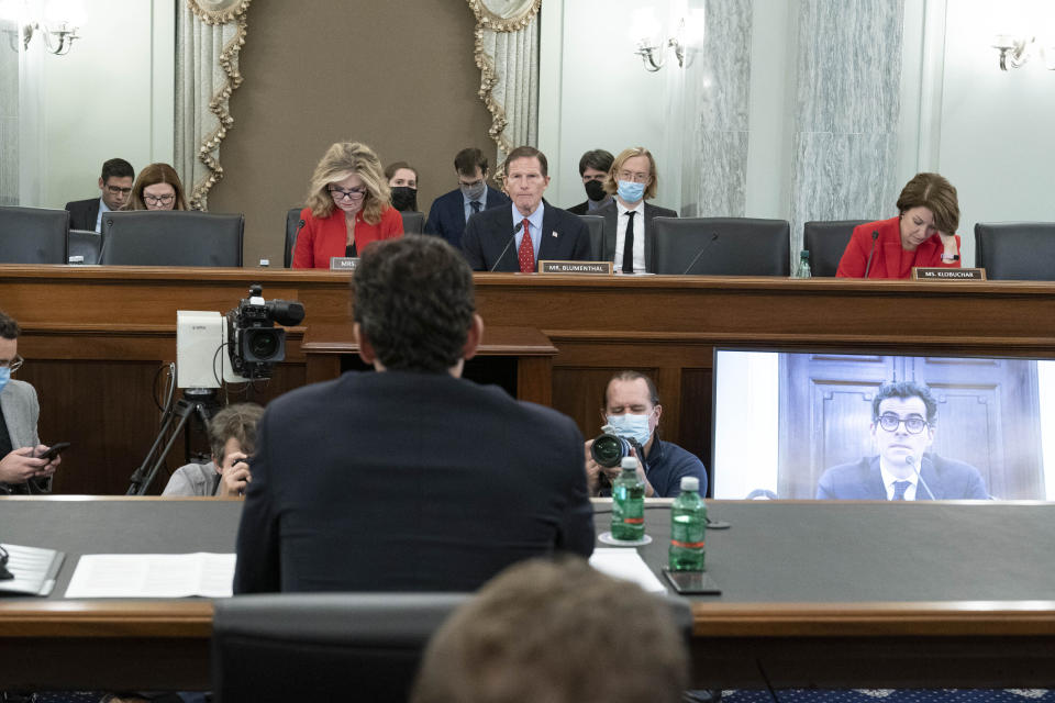 Chairman Sen. Richard Blumenthal, D-Conn., ranking member Sen. Marsha Blackburn, R-Tenn., left, and Sen. Amy Klobuchar, D-Minn., listen as Adam Mosseri, the head of Instagram, testifies before the Senate Commerce, Science, and Transportation Subcommittee on Consumer Protection, Product Safety, and Data Security hearing on Capitol Hill in Washington Wednesday Dec. 8, 2021. (AP Photo/Jose Luis Magana)