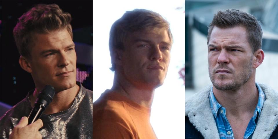 From left: Alan Ritchson as Gloss in "The Hunger Games: Catching Fire," Arthur Curry/Aquaman on "Smallville," and Hank Hall/Hawk on "Titans."