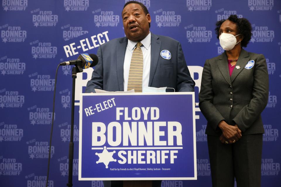 Shelby County Sheriff Floyd Bonner, standing next to his wife, Audrey, announces his bid for reelection during a press conference inside Clark Tower on Wednesday, Sept. 22, 2021. 