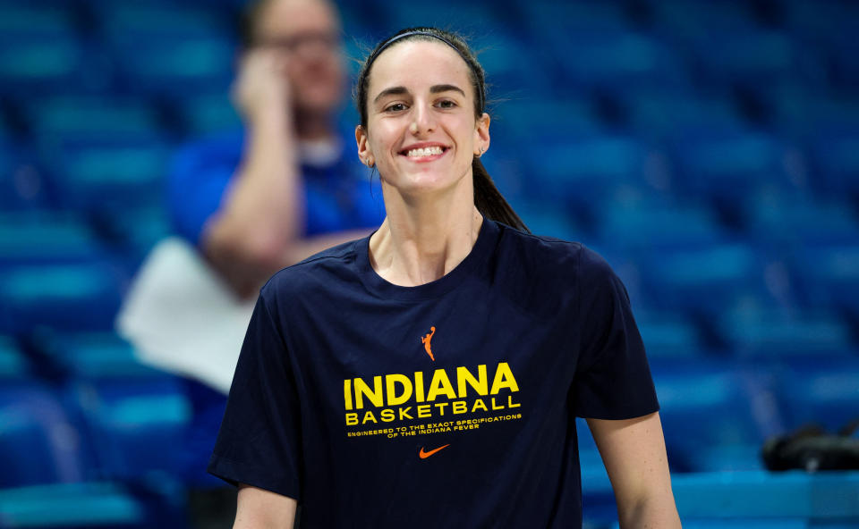 May 3, 2024; Dallas, Texas, USA; Indiana Fever guard Caitlin Clark (22) laughs before the game against the Dallas Wings at College Park Center.  Mandatory Credit: Kevin Jairaj-USA TODAY Sports