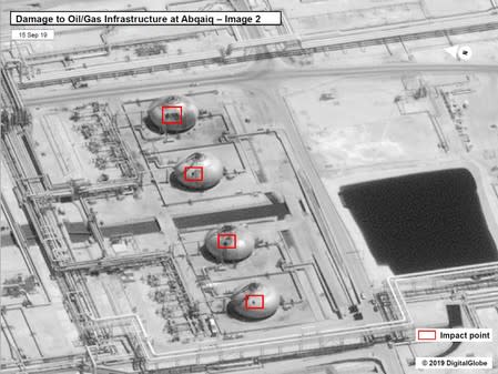 A satellite image showing damage to oil/gas Saudi Aramco infrastructure at Abqaiq