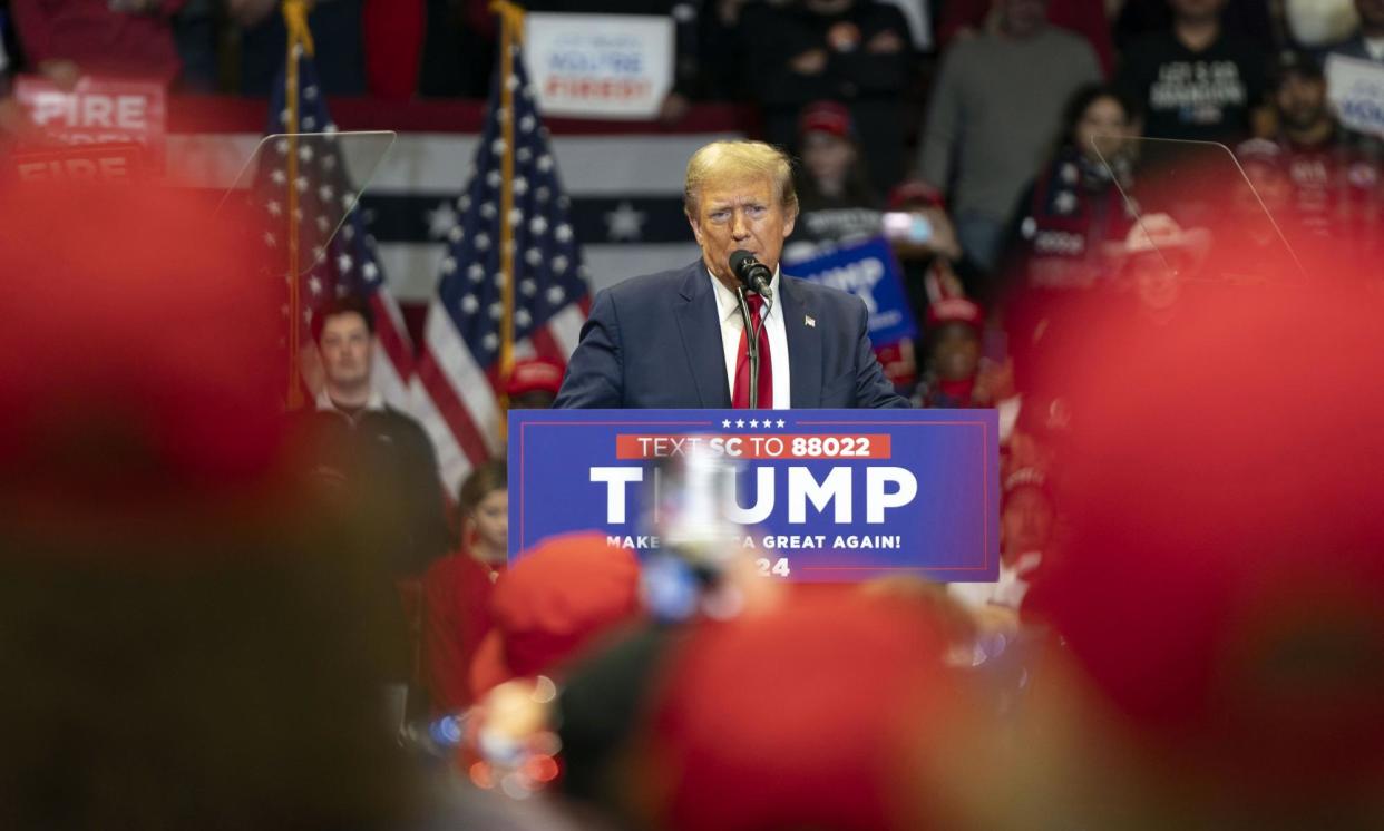 <span>Donald Trump holds campaign rally, in Rock Hill, South Carolina, on 23 February 2024.</span><span>Photograph: Bonnie Cash/UPI/REX/Shutterstock</span>