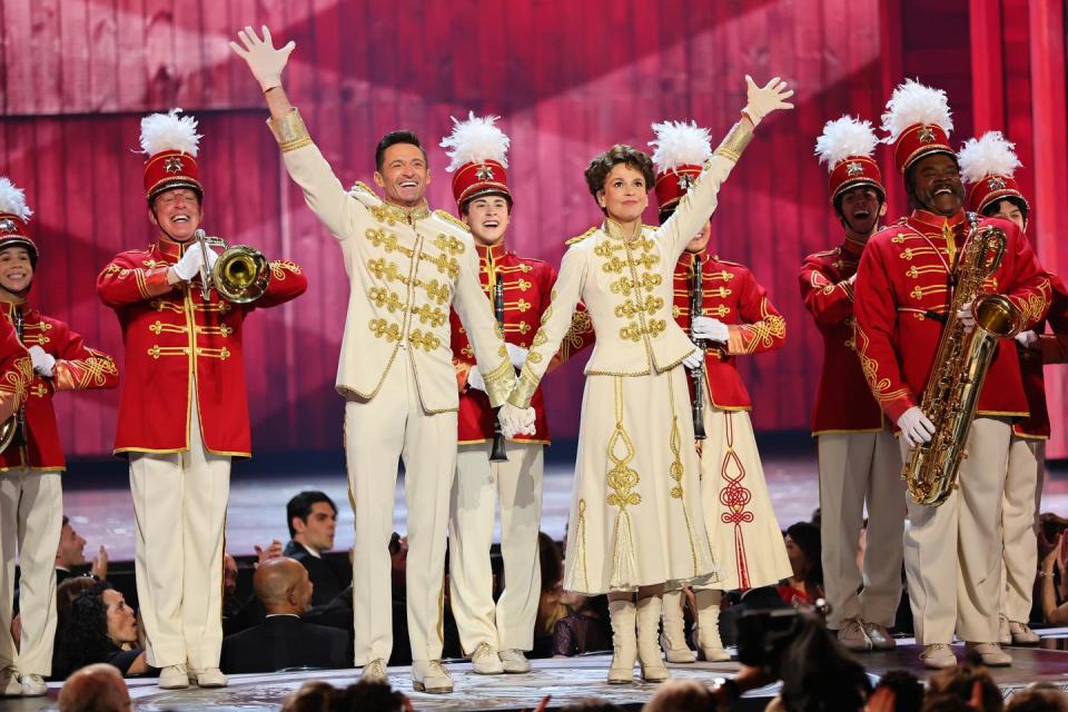 hugh jackman and sutton foster perform a number from the music man