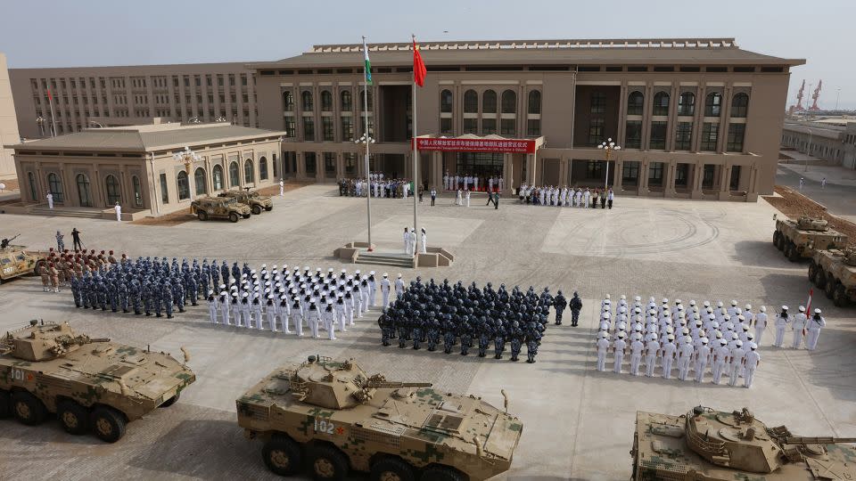 This photo taken on August 1, 2017, shows Chinese People's Liberation Army personnel attending the opening ceremony of China's new military base in Djibouti.  - Stringer/AFP/Getty Images