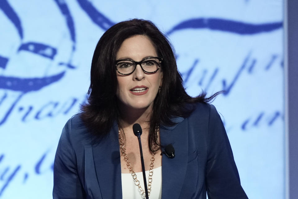 Moms for Liberty co-founders Tiffany Justice speaks at their meeting, in Philadelphia, Friday, June 30, 2023. (AP Photo/Matt Rourke)