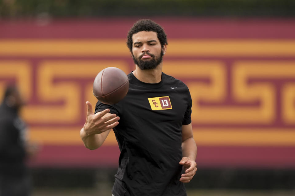 Southern California quarterback Caleb Williams warms up at the school's NFL Pro Day, Wednesday, March 20, 2024, in Los Angeles. (AP Photo/Ryan Sun)