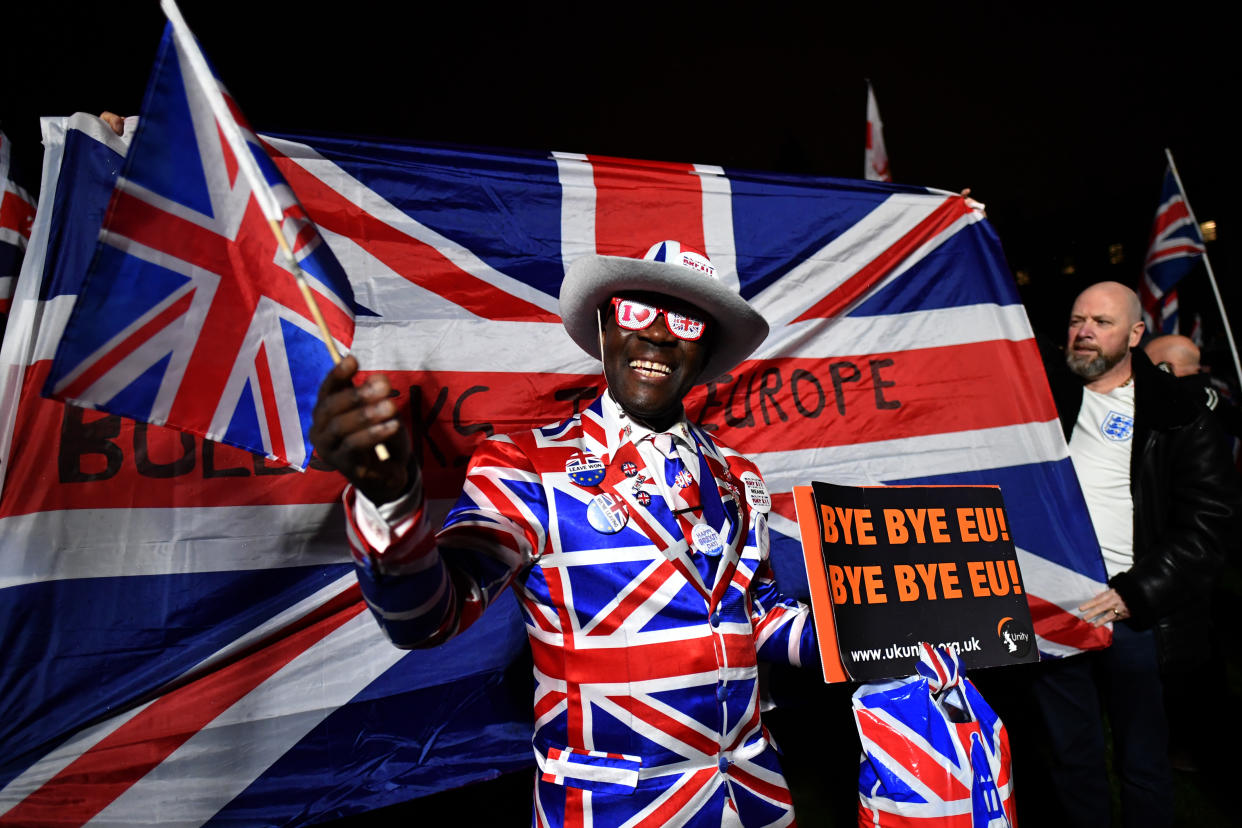 Pro-Brexit supporters gathered ahead of the Brexit Day Celebration Party hosted by Leave Means Leave at Parliament Square. (Getty)