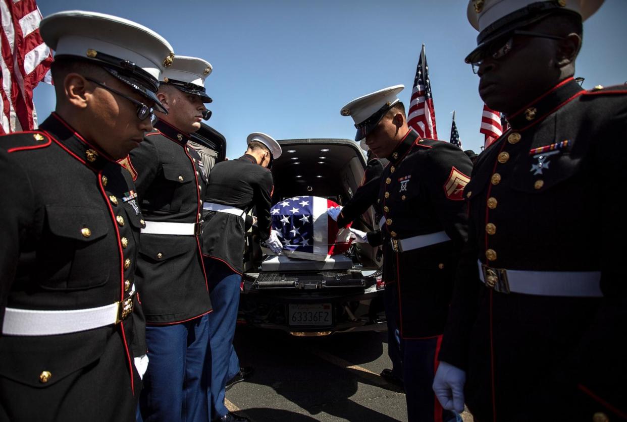 PHOTO: Funeral services are held for Marine Lance Cpt. Kareem Grant Nikoui, one of 13 military personal killed during a suicide bomb attack at Hamid Karzai International Airport on August 26th, in Riverside, Calif., Sep. 18, 2021. (Barbara Davidson/Getty Images)