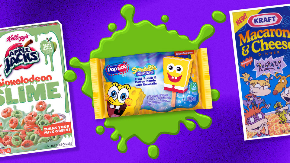 Nickelodeon food collaborations shaped many ’90s kids' childhoods. (Photos: Kellogg's, Popsicle, Kraft; designed by Nathalie Cruz)