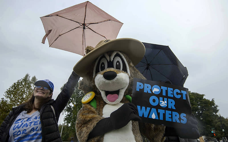 The Ranger Rick mascot stands in the rain outside the Supreme Court