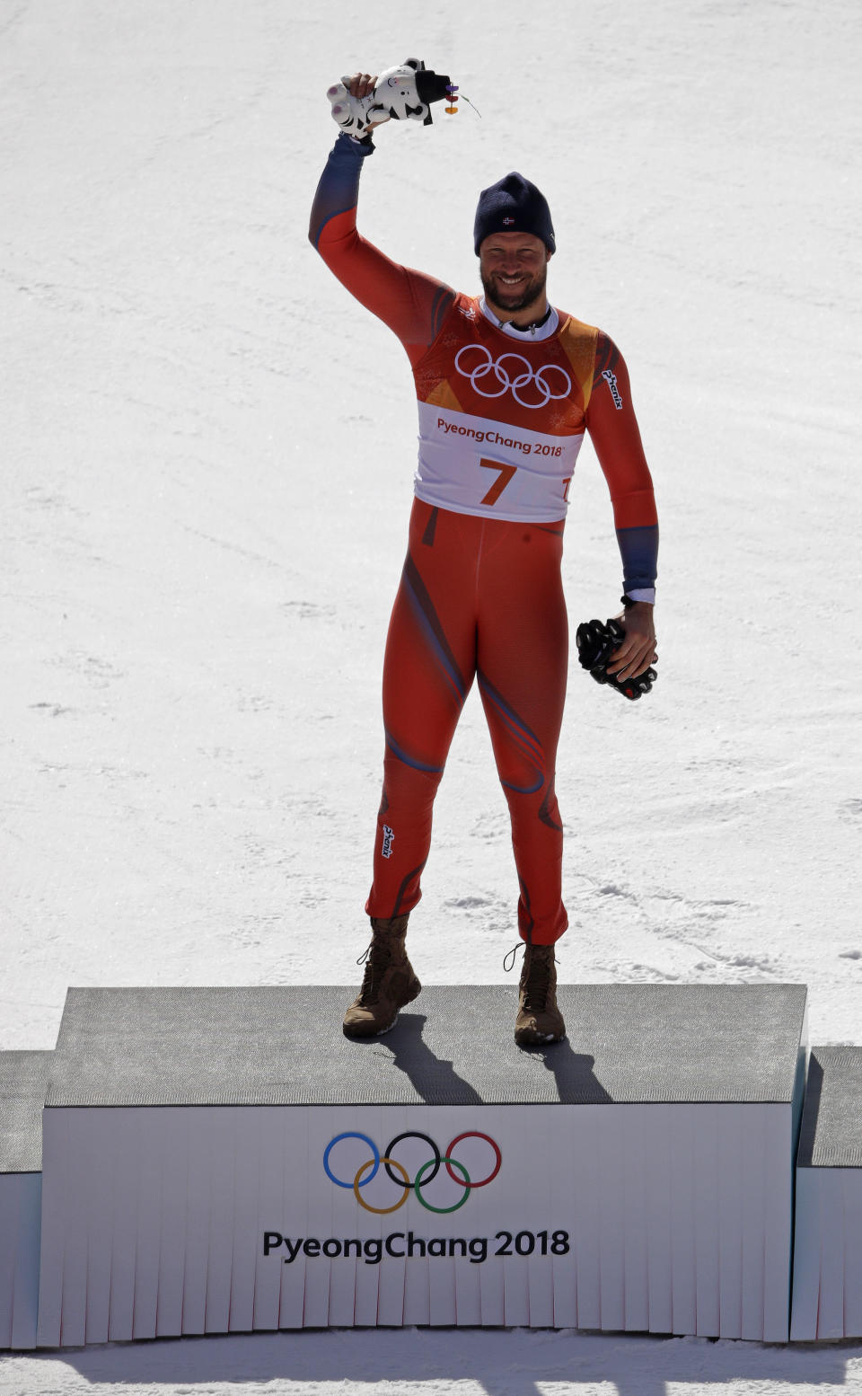 <p>Norway’s Lund Svindal, gold, celebrates during the flower ceremony for the men’s downhill at the 2018 Winter Olympics in Jeongseon, South Korea, Thursday, Feb. 15, 2018. (AP Photo/Charlie Riedel) </p>