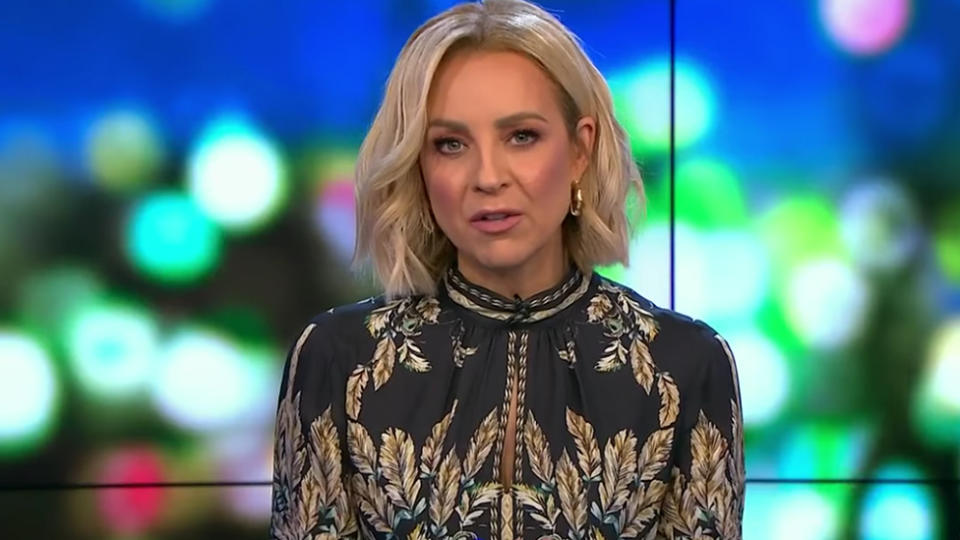 Carrie Bickmore wearing Reiss&#39; Maria Feather Printed Mini Dress on The Project on May 17. Photo: Channel 10.