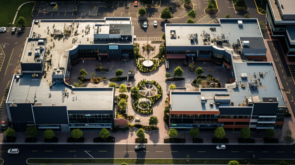 An overhead shot of a shopping complex with a variety of stores, restaurants and service providers.