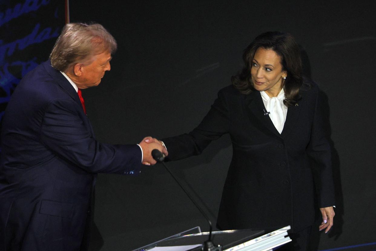 Former President Donald Trump and Vice President Kamala Harris shake hands before their first presidential debate, hosted by ABC News in Philadelphia on Sept. 10, 2024.