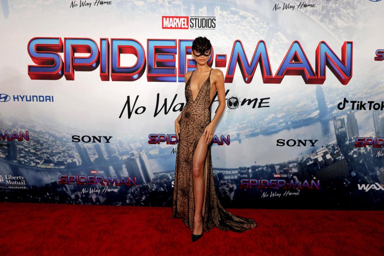 Zendaya poses on the red carpet in a cobweb-inspired black dress and mask.