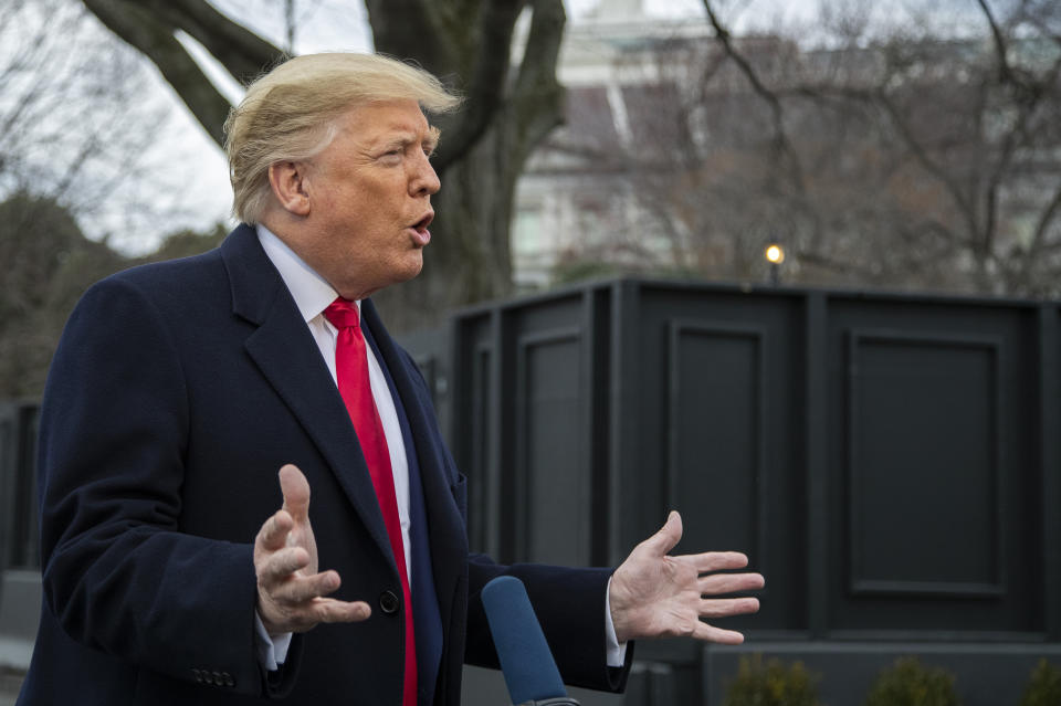President Donald Trump talks to members of the media before leaving the White House, Monday, March 2, 2020 in Washington, to attend a campaign rally in Charlotte, N.C. (AP Photo/Manuel Balce Ceneta)