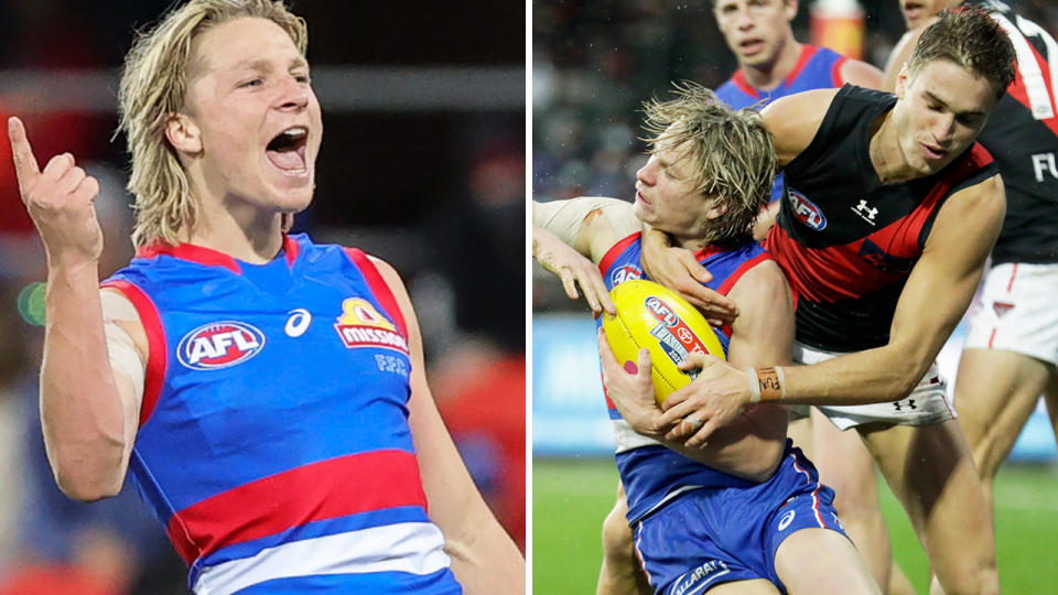 Western Bulldogs small forward Cody Weightman dealt with a barrage of abusive comments from Essendon fans with the help of injured teammate Josh Bruce. Pictures: Getty Images