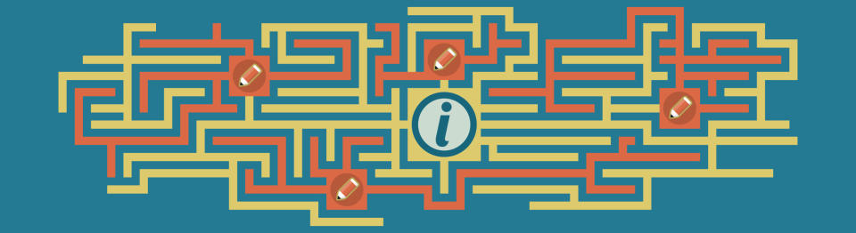 GRAPHIC: Illustrative representation of a maze with information icon and pencil edit icons. Horizontal version.;