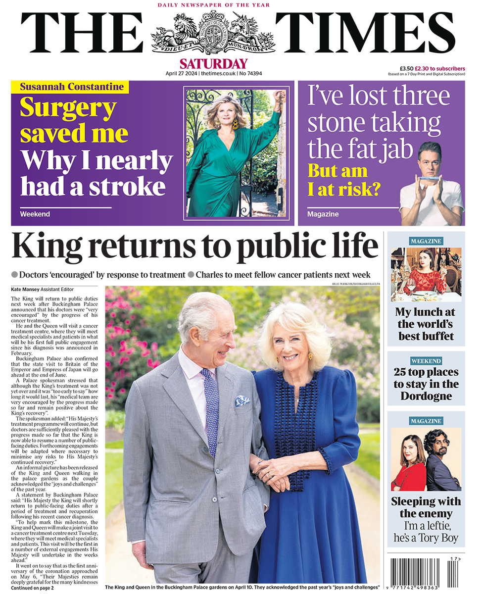 The headline in the Times reads: "King returns to public life".