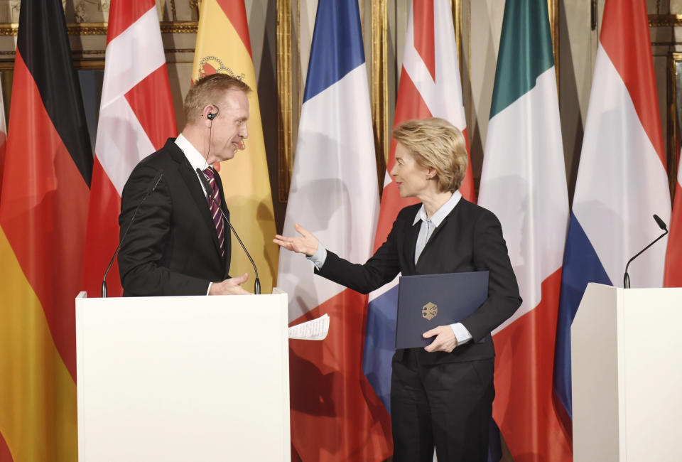 German minster of Defense Ursula von der Leyen, left, talks to United States Secretary of Defense Patrick Shanahan at a press conference during the International Security Conference in Munich, Germany, Friday, Feb. 15, 2019. (Tobias Hase/dpa via AP)