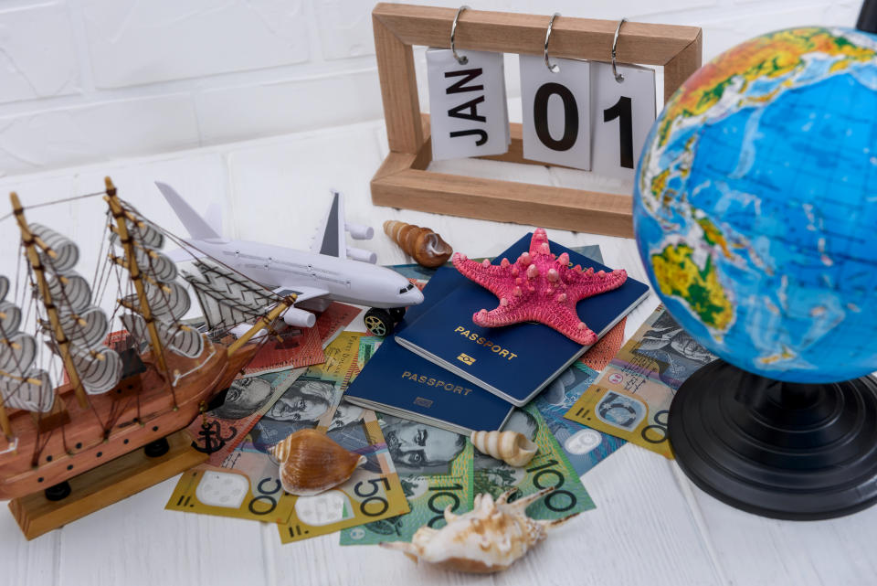 A globe, a toy tall ship, passports, Australian money, sea shells, starfish and a flip calendar.