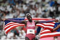 <p>USA's Athing Mu is all smiles after winning gold in the women's 800m final at the Olympic Stadium on August 3.</p>